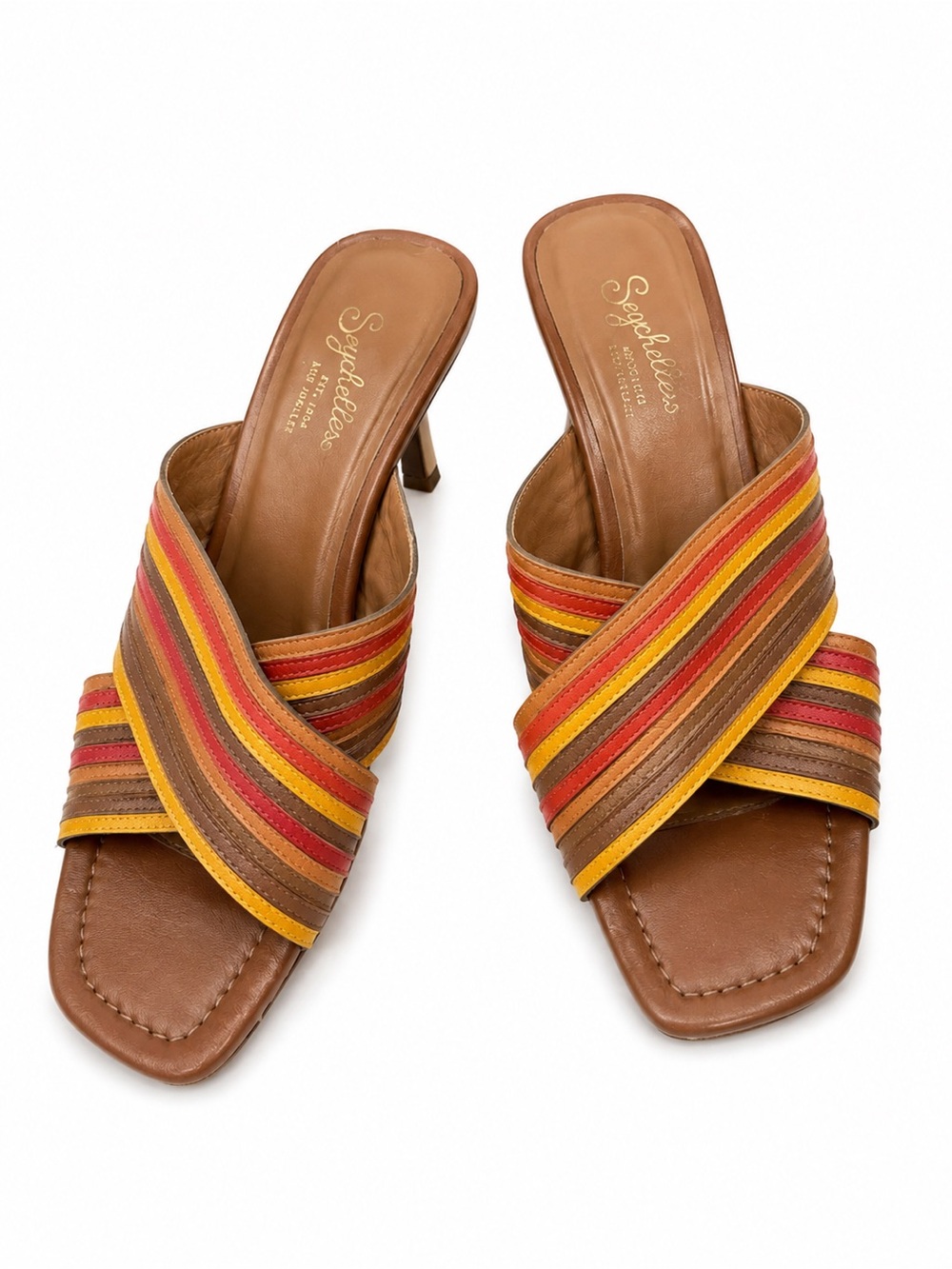 Seychelles Striped Red Yellow Tan Brown Leather Slide Heeled Sandal Size 7